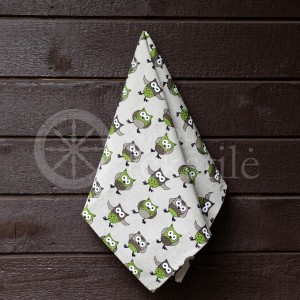 Colourful half-linen kitchen towel "Owls green"